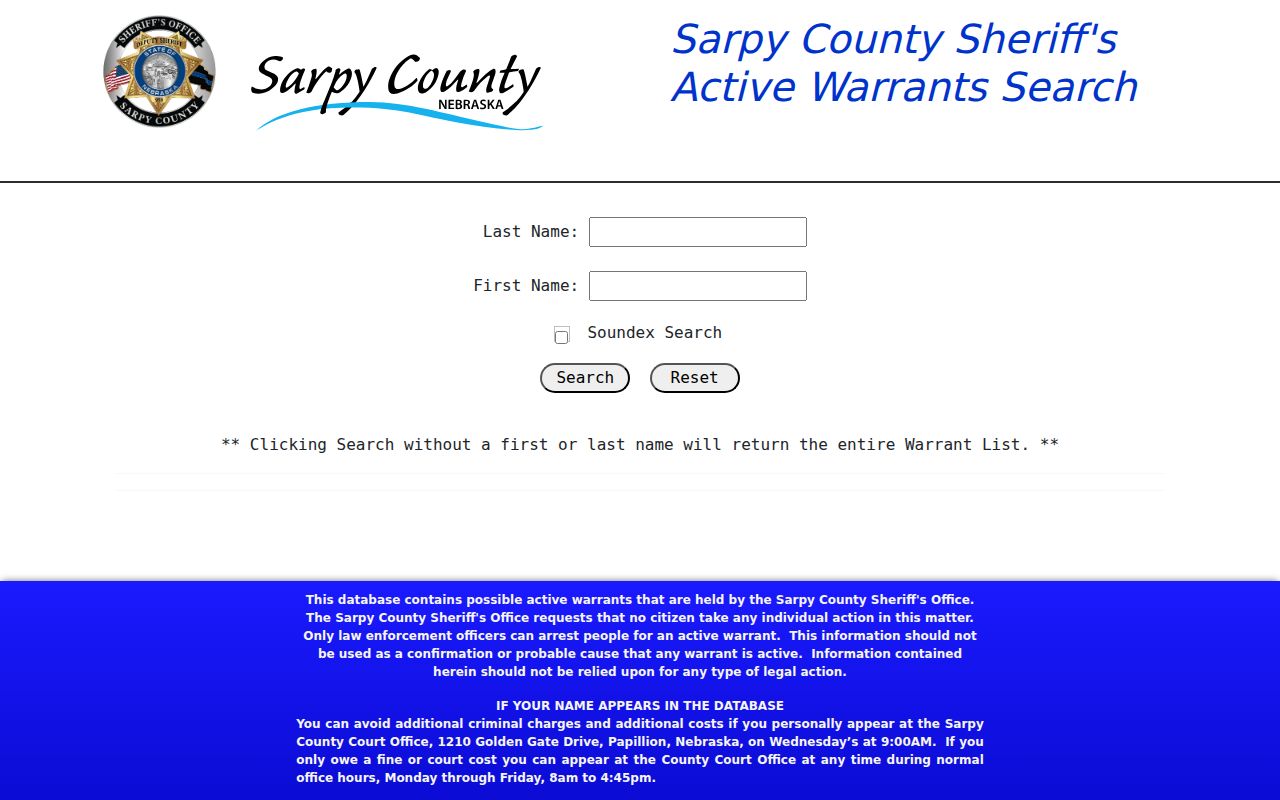 Sarpy County arrest search and active warrant portal