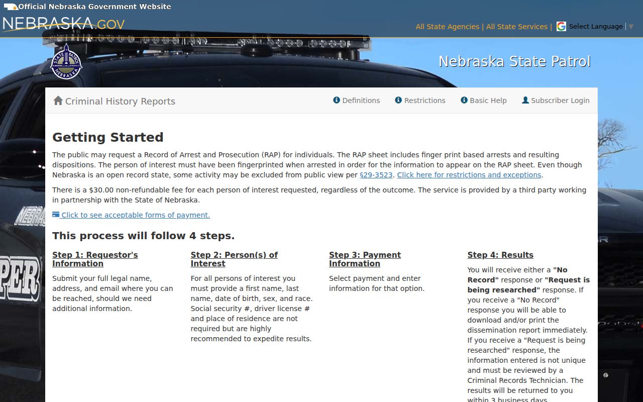 Sarpy County criminal history search through Nebraska State Patrol PCH